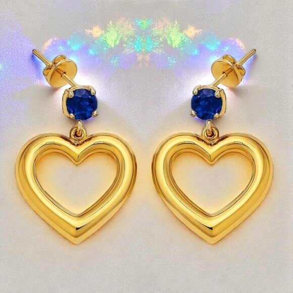 🆕Blue CZ Stud Puffy Heart Dainty 18K Gold Plated Stainless Steel Earrings 💙✨ - Picture 4 of 9